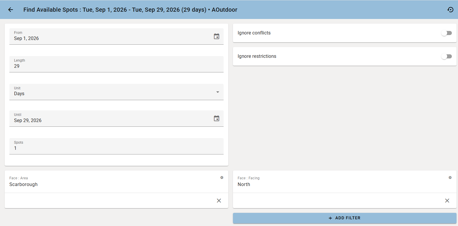 Find available advertising spots screen with date range, filters for area and facing, and conflict settings