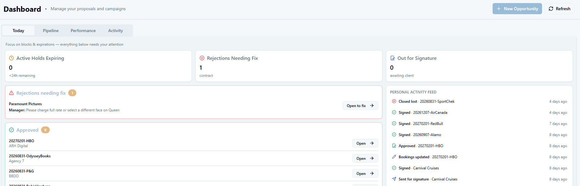 Proposal management dashboard showing active holds expiring, rejections needing fix, contracts out for signature, approved proposals and a personal activity feed