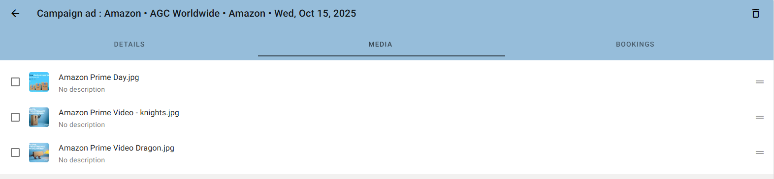 Campaign ad record in Ad Manager Connect listing attached creative media files