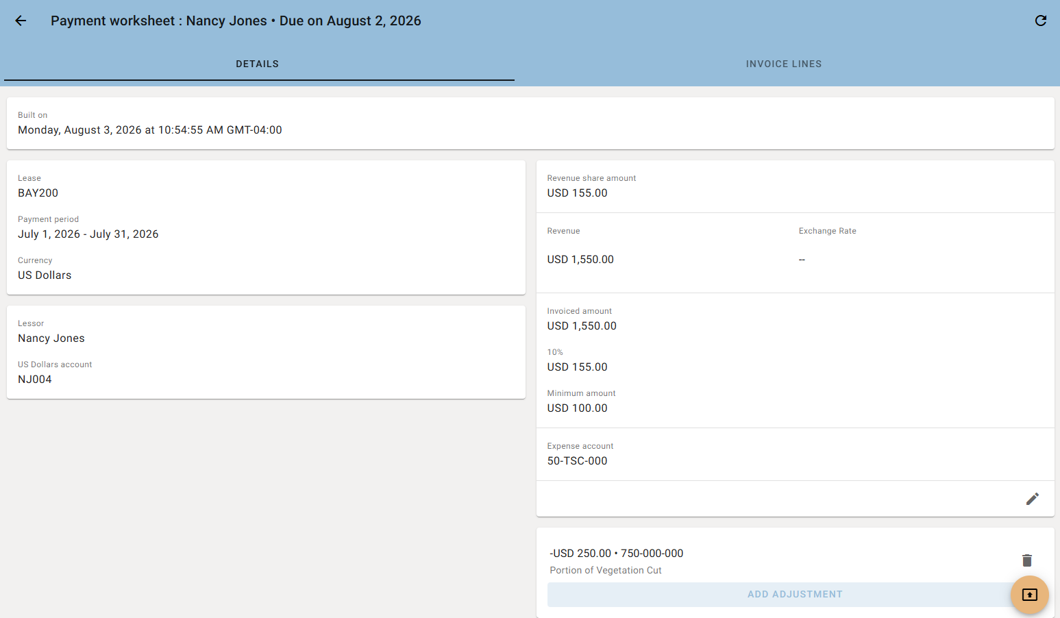 Lease payment worksheet showing revenue share calculation, lessor details and adjustments