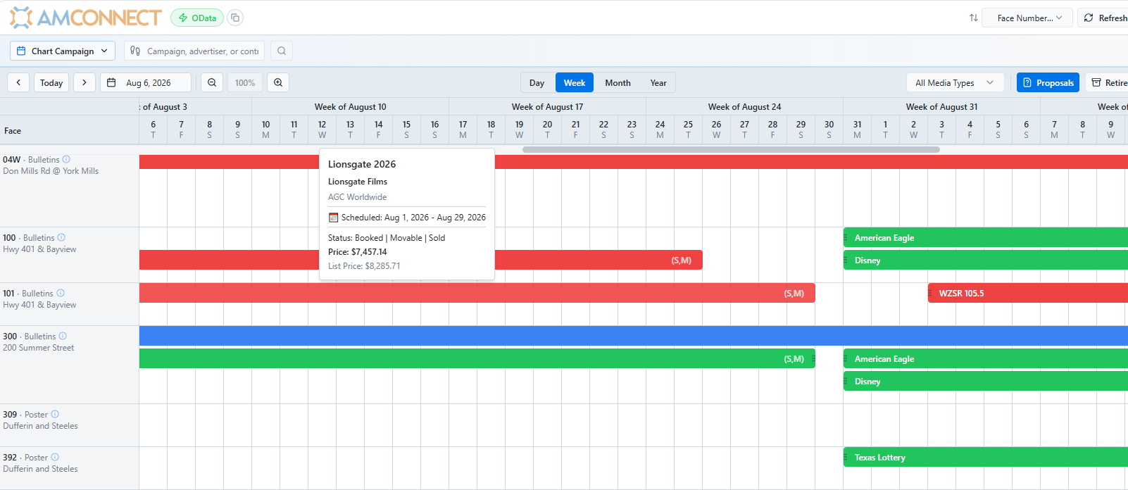 Visual charting timeline showing advertising faces down the left with colour-coded campaign bookings across day, week, month and year views, and a campaign tooltip showing schedule, status and pricing