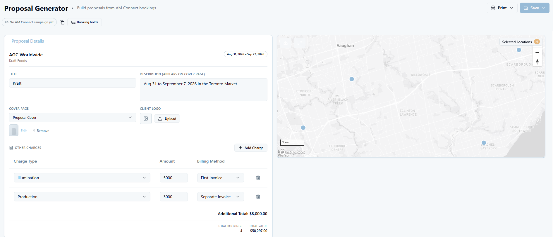 Proposal Generator screen showing proposal details, cover page and client logo options, additional charges and a location map of selected sites