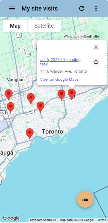 Ad Manager Connect mobile app showing mapped site visits across Toronto with a pending task callout
