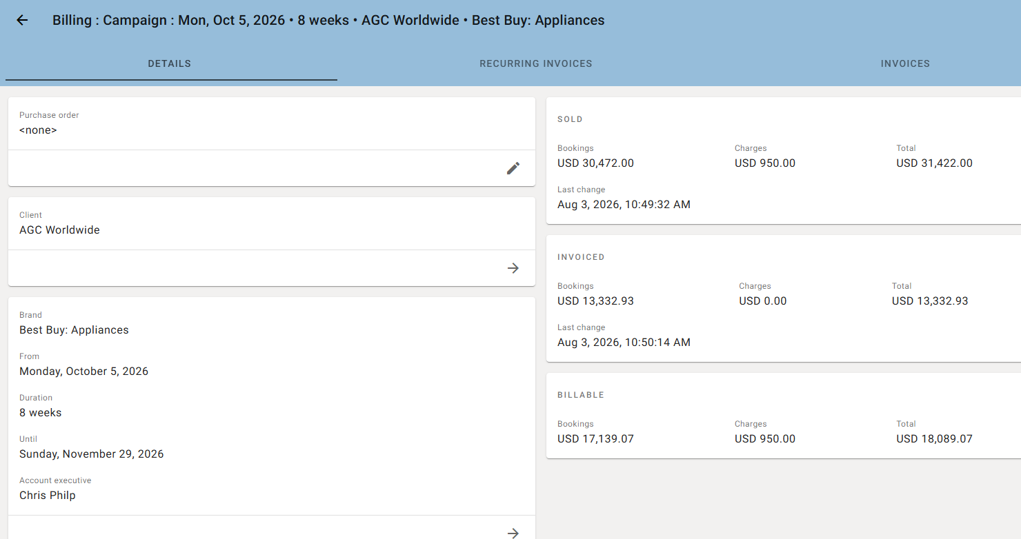 Campaign billing screen showing sold, invoiced and billable totals for a campaign
