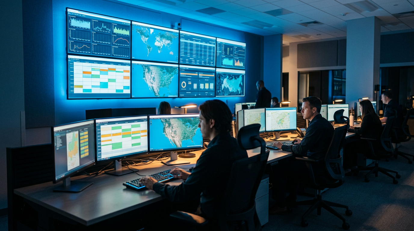An operations control room used to manage an out-of-home network centrally