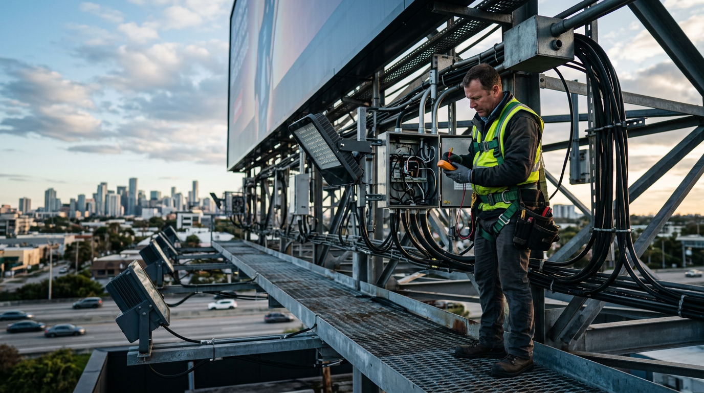 Field operations technician carrying out maintenance on a billboard structure