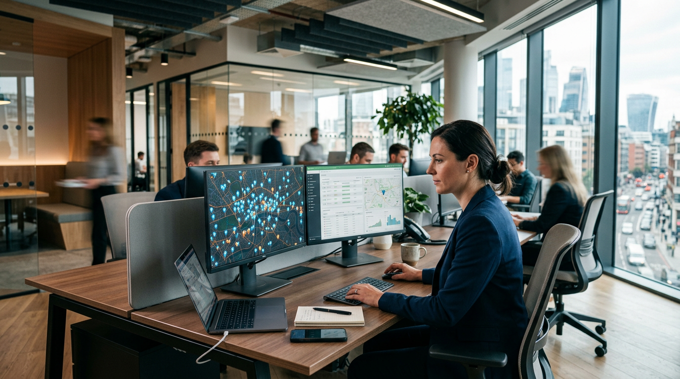 Media operations manager analysing billboard location mapping software on desktop monitors.