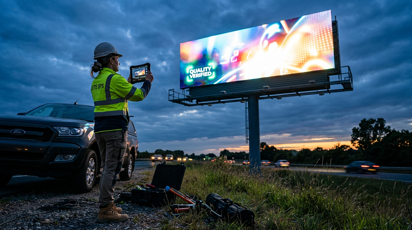 Operations manager taking a proof of performance photograph of a roadside billboard.
