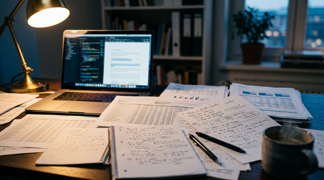 Printed spreadsheets and notes on a desk representing manual OOH workflows