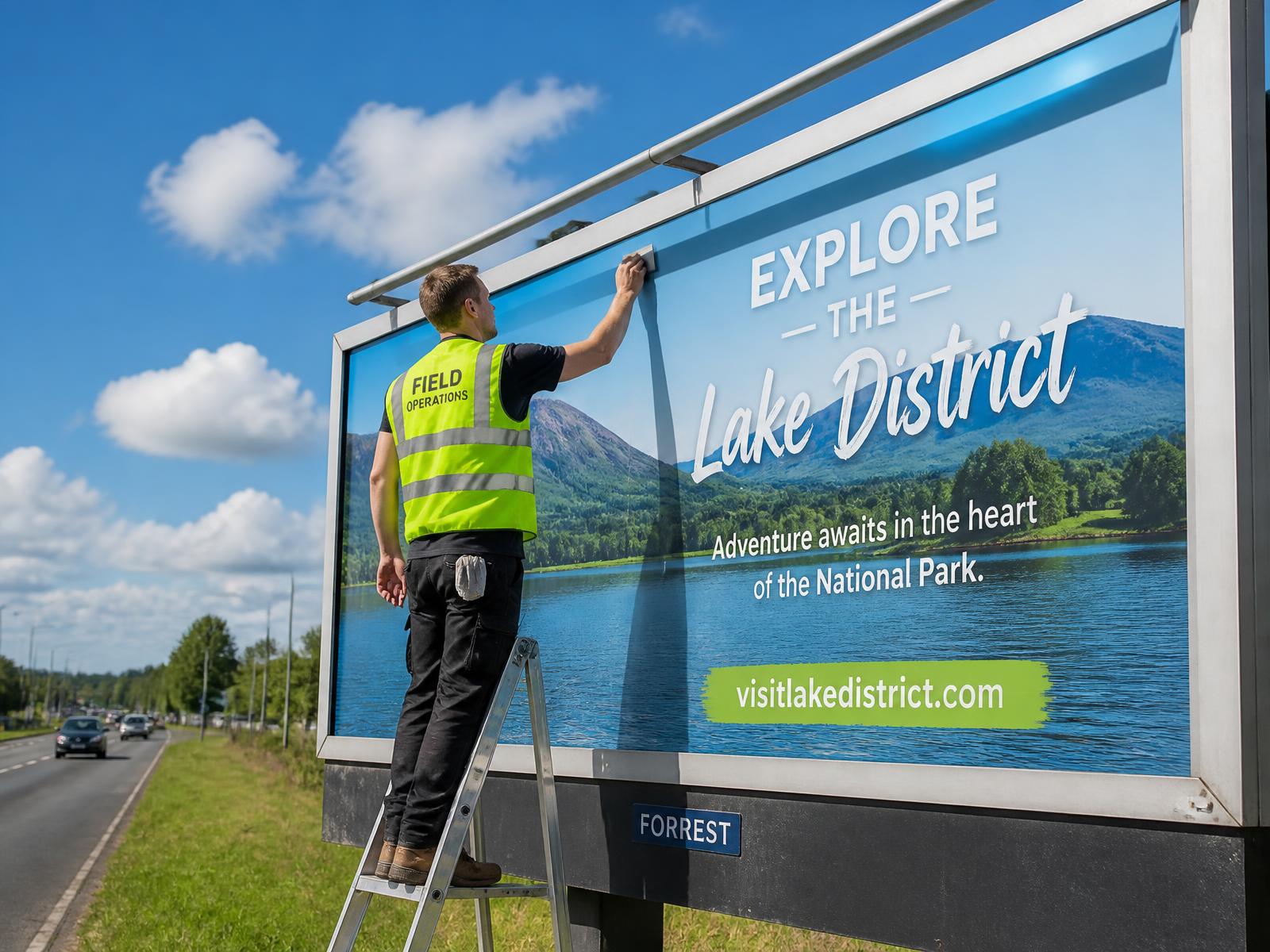 Field operations technician installing a billboard poster on a sunny day under a blue sky