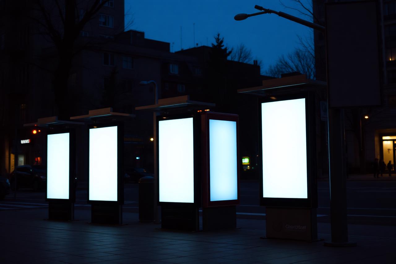 Illuminated street furniture advertising displays along a city sidewalk at dusk