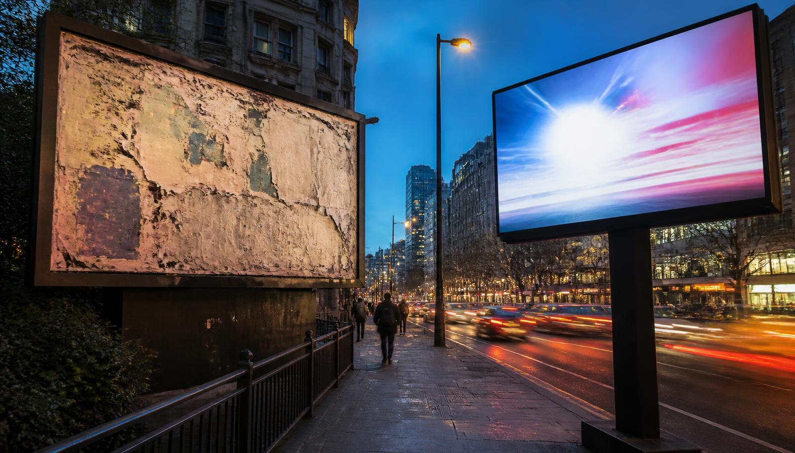 A weathered paper-pasted billboard beside a modern digital LED billboard on a city street at blue hour