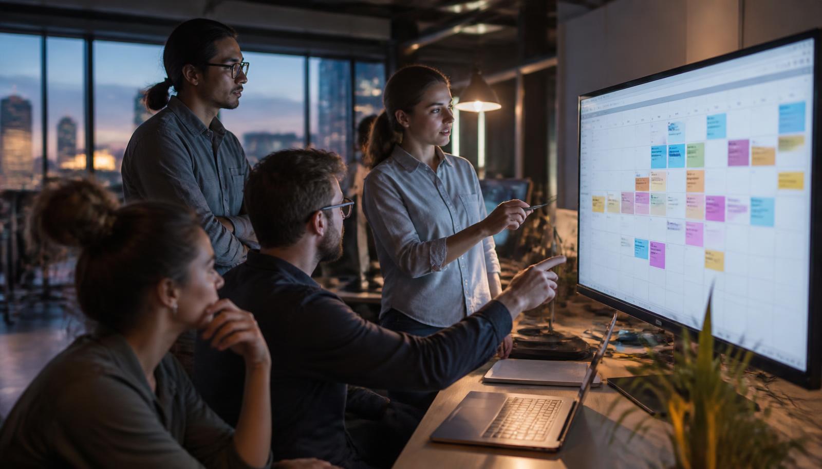 OOH software developers and operations specialists reviewing a campaign schedule on a large screen at dusk